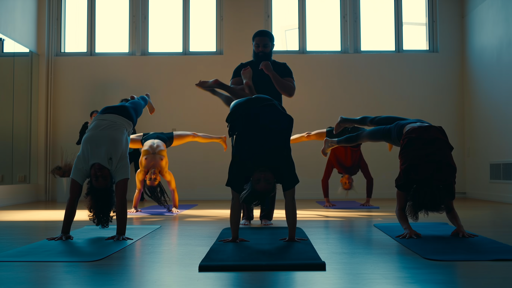 Yogagroep in de studio, cursisten in dynamische houdingen op hun mat, tegenlicht door hoge ramen